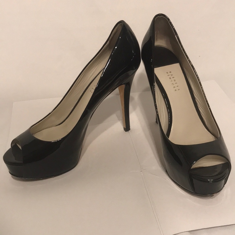 Barney’s New York Black Patent Peep Tor Pump 8.5